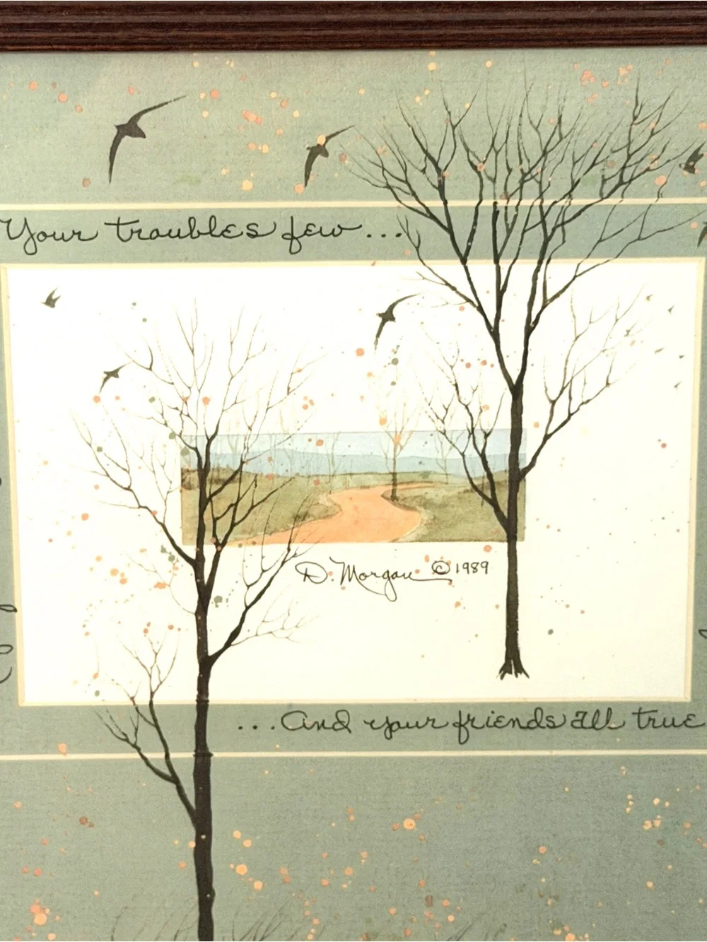 Your Friends All True D. Morgan 1989 Vintage Matted Print Trees Birds Wall Art